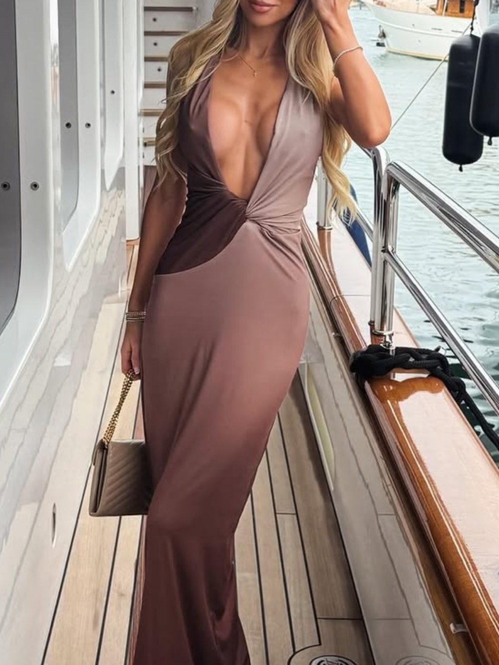 Meshki Two-Tone Brown Twist Front Maxi Dress